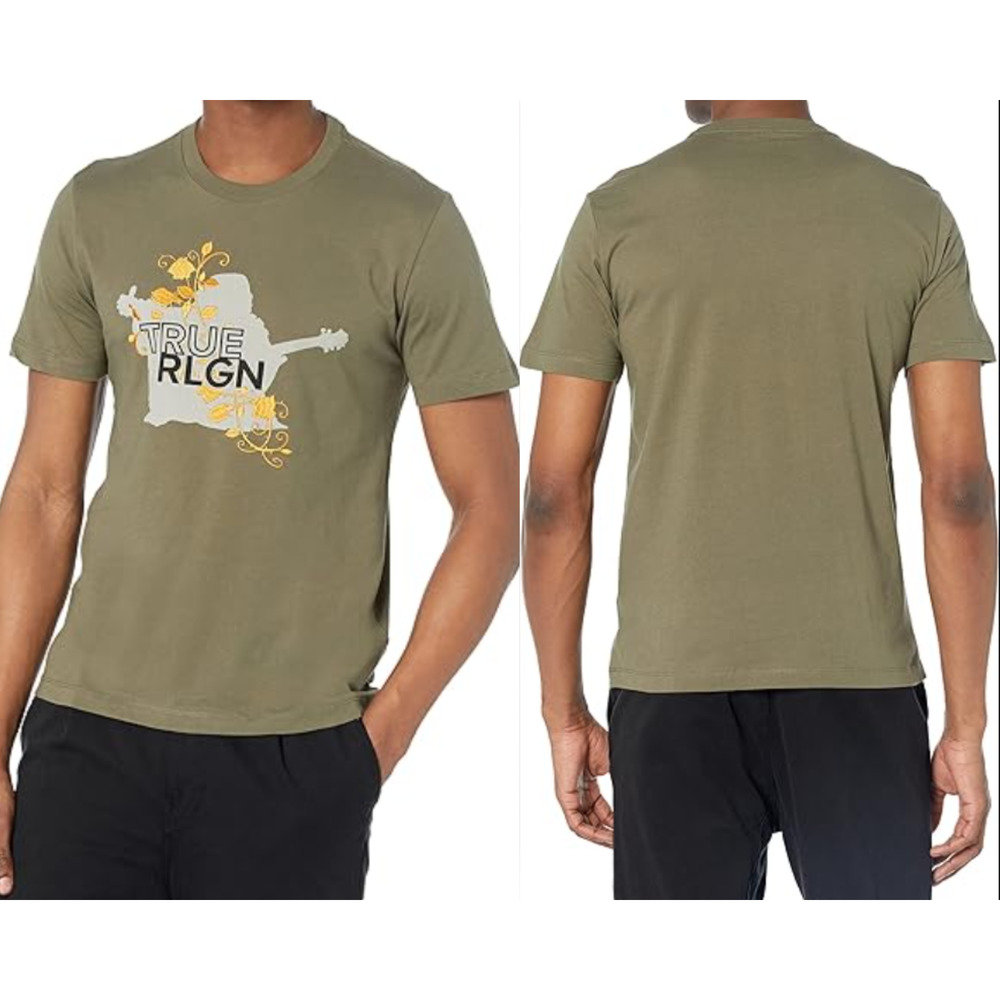 True Religion Men's Vines Short Sleeve Crew Neck T-Shirt L Green Embroidered Tee